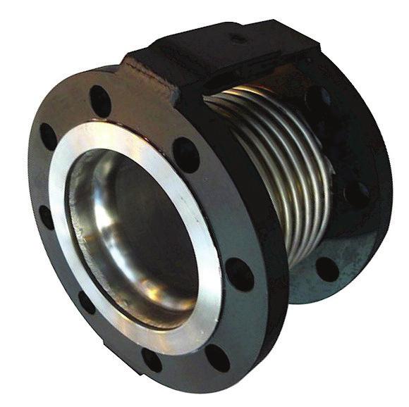 Flanged Hinge Expansion Joint FlexEJ flanged hinge angular movement expansion joint with fixed carbon steel raised face flanges drilled to EN1092-1 PN16, multi-ply stainless steel convoluted bellows.