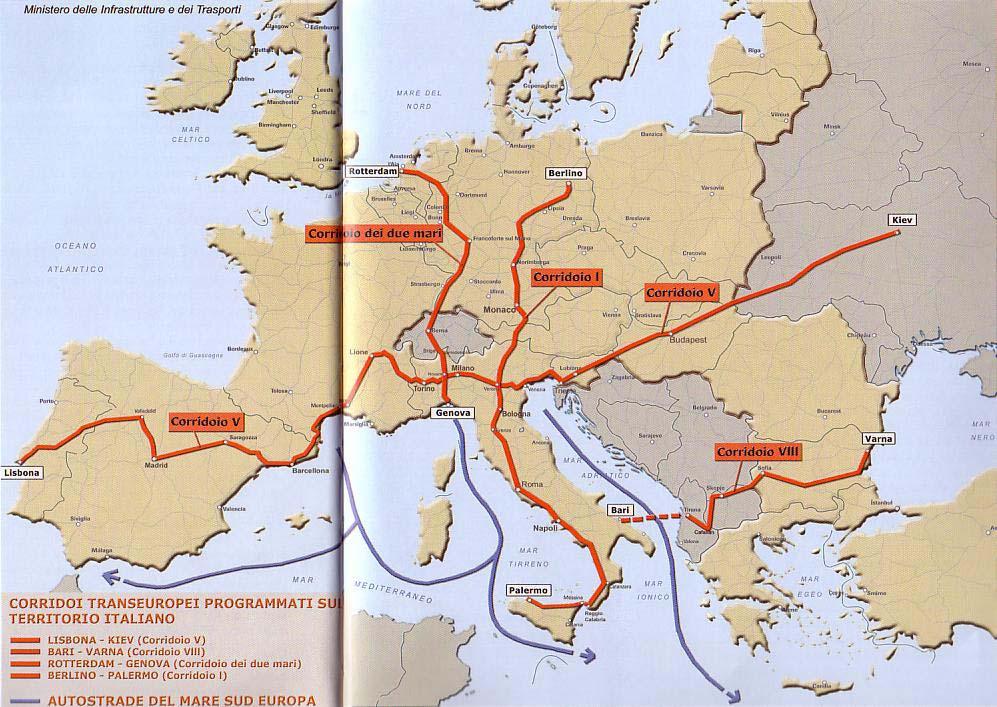 TransEuropean Network for Transport Italian Corridors Law 443/2001 legge obiettivo : Italian Infrastructure Program based on the TransEuropean Italian Corridors for Transport 104 Billion for