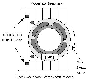 Place the speaker cone down with the mounting holes toward the back of the tender. Locate the two small square holes on the floorboard slats close to the back.