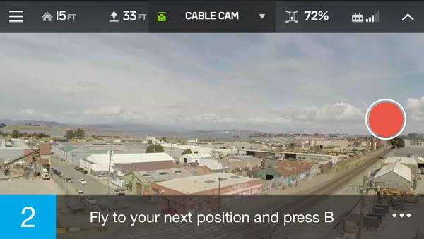 2 Cable Cam Cable Cam creates a smooth shot by flying Solo along an invisible cable between any two preset points. Cable Cam can only be started in flight. 5.2.1 Starting Cable Cam Press A on the controller, or select Cable Cam from the Shot List on the app.