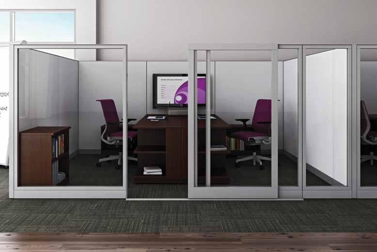 5 IM#: 12-0000414 Kick panels in Acadia Silica. Currency desk and bookcase in Natural Cherry. media:scape TM Mobile in Arctic White. Think chair in Concord.