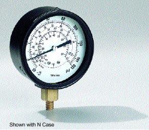 1 Grade 1A White Aluminum Dial with Black Markings Slotted Adjustable Pointer 31/2", 41/2", 6", & 81/2" REFRIGERATION GAUGES - SERIES RG-1 Reads in both psi and corresponding refrigerant temperature.