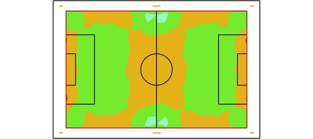 2 Football pitch 200 lux 2.2 Summary, Football pitch 200 lux 2.2.1 Result overview, Football field [m] 40 N 30 20 10 0-10 -20-30 -40-60 -50-40 -30-20 -10 0 10 20 30 40 50 60 [m] Illuminance [lx] 100