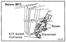(c) Disconnect the ECT switch connector. (d) Check that the cooling fan rotates. If not, check the No.1 radiator relay, No.