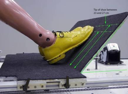 horizontal. When positioned for test, the gap between the front of the seat and rear of the toe board shall be no more than 100mm. Both surfaces shall be covered with short-piled carpet.