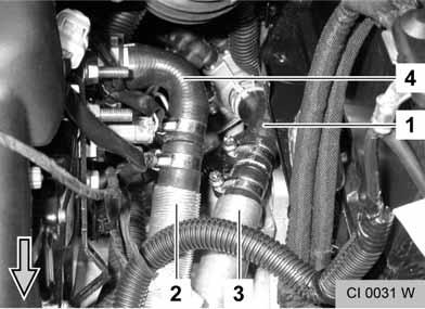 figure 43 - Fasten the hose 2 (2) and hose 3 (3) with the rubberised tube clamps (4 and 5), M6x20 bolts and M6 flanged nut to the fastening strap according to the figure - Arrange hose 2 (2) and hose