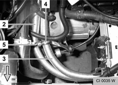 the figure - Connect hose 3 (3) from the heater unit outlet and original vehicle hose (5) for the heat exchange inlet with