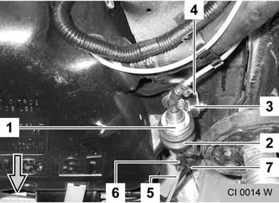 pre-assembled metering pump (1) to the angled bracket (4) with the flanged nut - Run the cable harness for the metering pump (7) and the Mecanyl fuel pipe (5) along the original vehicle fuel lines on