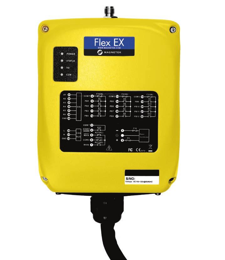 IDEAL FOR CRANE FLUID & HOIST POWER SURFACE MINING RADIO REMOTE CONTROLS RECEIVERS OUTPUTS INPUTS COMMUNICATION FLEX M RECEIVER Up to 64 relays, up to 32 0-10 VDC analog Up to 64 digital, up to 32