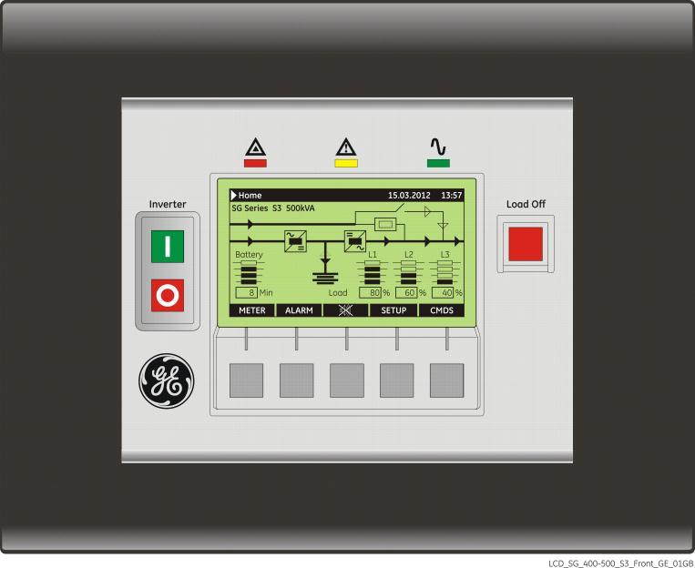 FRONT PANEL CONTROLS, SIGNALS AND ALARMS The control panel, positioned on the UPS front door, acts as the UPS user interface and comprises of the following elements: Back lit Graphic Display (LCD)