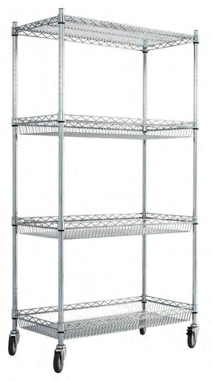 CHROME WIRE MOBILE Best for Retail or Storeroom up to UDL/shelf Chrome Wire Shelving - Mobile Racks Trolley With Basket Shelves Trolley with basket shelves 1590 x 915 x 460 1710 x 915 x 460 CWSKIT9TR