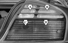 Rear Turn Signals, Stoplamps, Taillamps and Back-Up Lamps 3. Pull the carpeting away from the rear corner of the trunk. A. Back-Up Lamp B. Turn Signal C. Taillamp D.