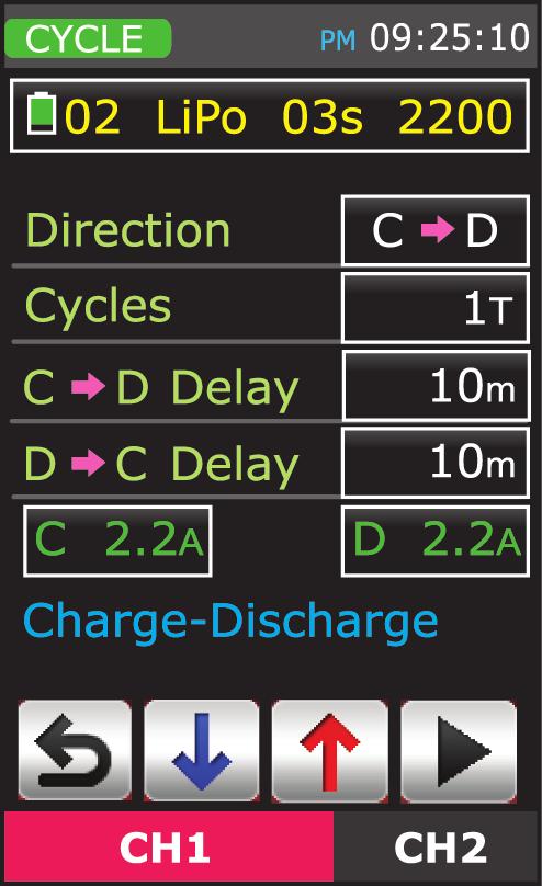 This page (left) shows a display of the discharging process with the parameters and graph. Both the voltage and current will increase to the preset parameters.