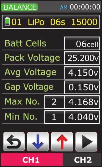 2) BALANCE MODE 2 : This page (above, center) shows the cell voltage and internal impedance values. 3) BALANCE MODE 3 : This page (above, right) displays multiple parameters.