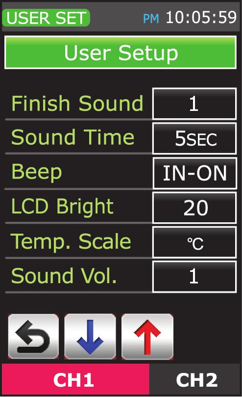Beep : This parameter can be turned on/off to select either an internal or an external button. LCD Bright : Backlight brightness can be adjusted (120 steps). Temp.