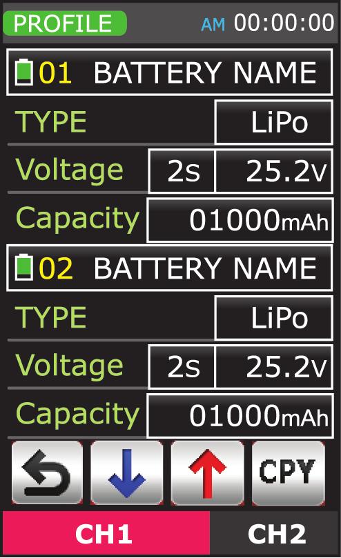 Display Section 1 Memory number & Battery name Battery type Battery voltage Battery capacity CHARGE PAGE To access the charge mode, tap the CHARGE icon on the main page.