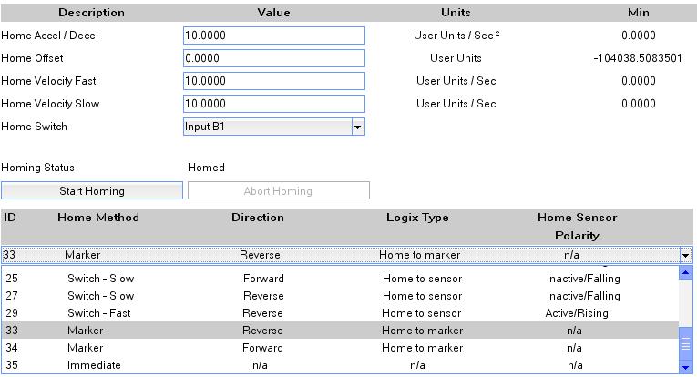 10. From the Drive Organizer, click Homing. 11. Enter values from the following table. These values are recommended; your application can require different values.