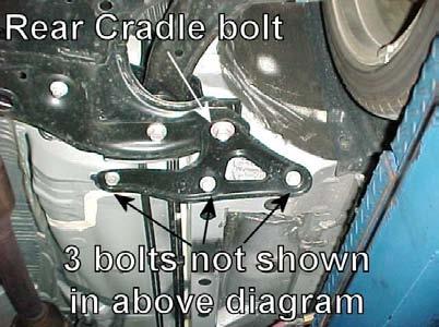 3) Use a 19mm Socket to remove the 2 nuts in the front and 8 bolts in the rear of the cradle.