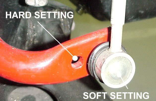 12) Once the cradle is reinstalled, attach the end links to the sway bar and torque the nuts to 32 ft-lbs. For adjustable sway bar stiffness, refer to picture below.