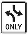 Divided Highway Begins: The highway ahead is split into two separate roadways by a median or divider and each roadway is one-way. Keep right.