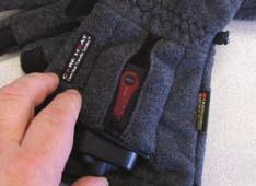 Core Heat Instructions 16 Zippered pocket on glove gauntlet is made to store battery. Plug the gloves into the battery and close pocket. Push and hold POWER button to turn on battery.