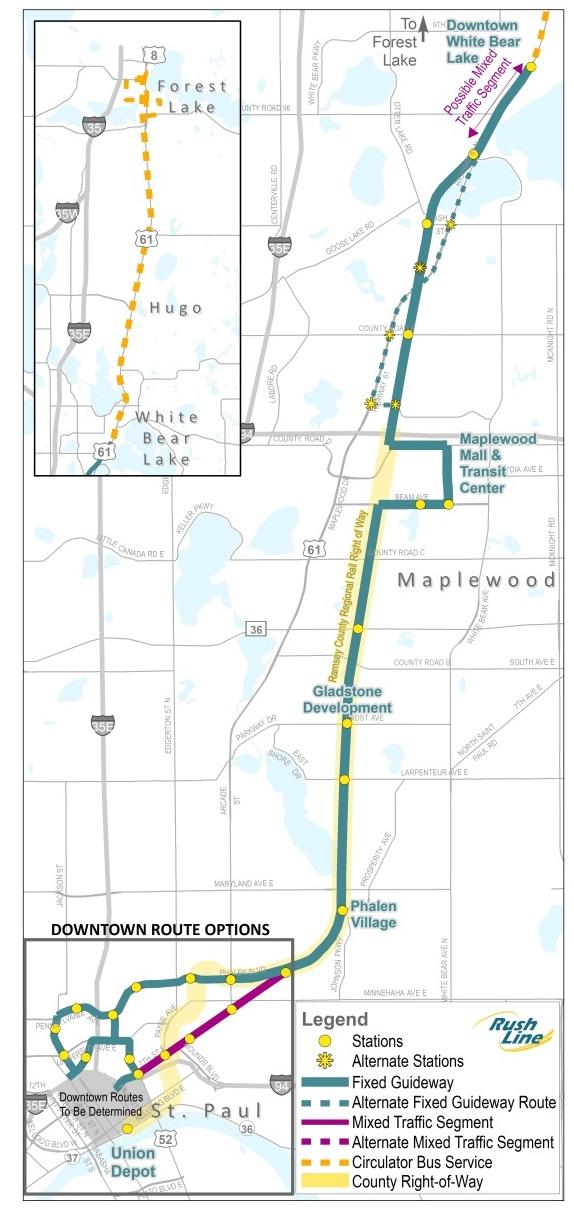 Alternative 4 Alternative 4 would use Arterial BRT as the transit mode on White Bear Avenue, running from downtown St. Paul to White Bear Lake and a connecting bus route to Forest Lake.