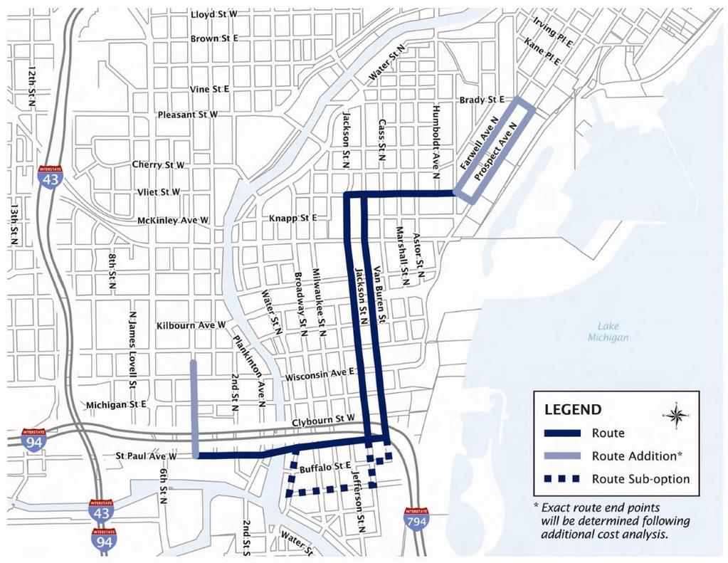 Alternative 1 is 2.73 miles long and the sub-option is 3.11 miles long. Mileage includes the potential route extensions. Exhibit 3: Streetcar Route Alternative 1 and Sub-Option 1 3.