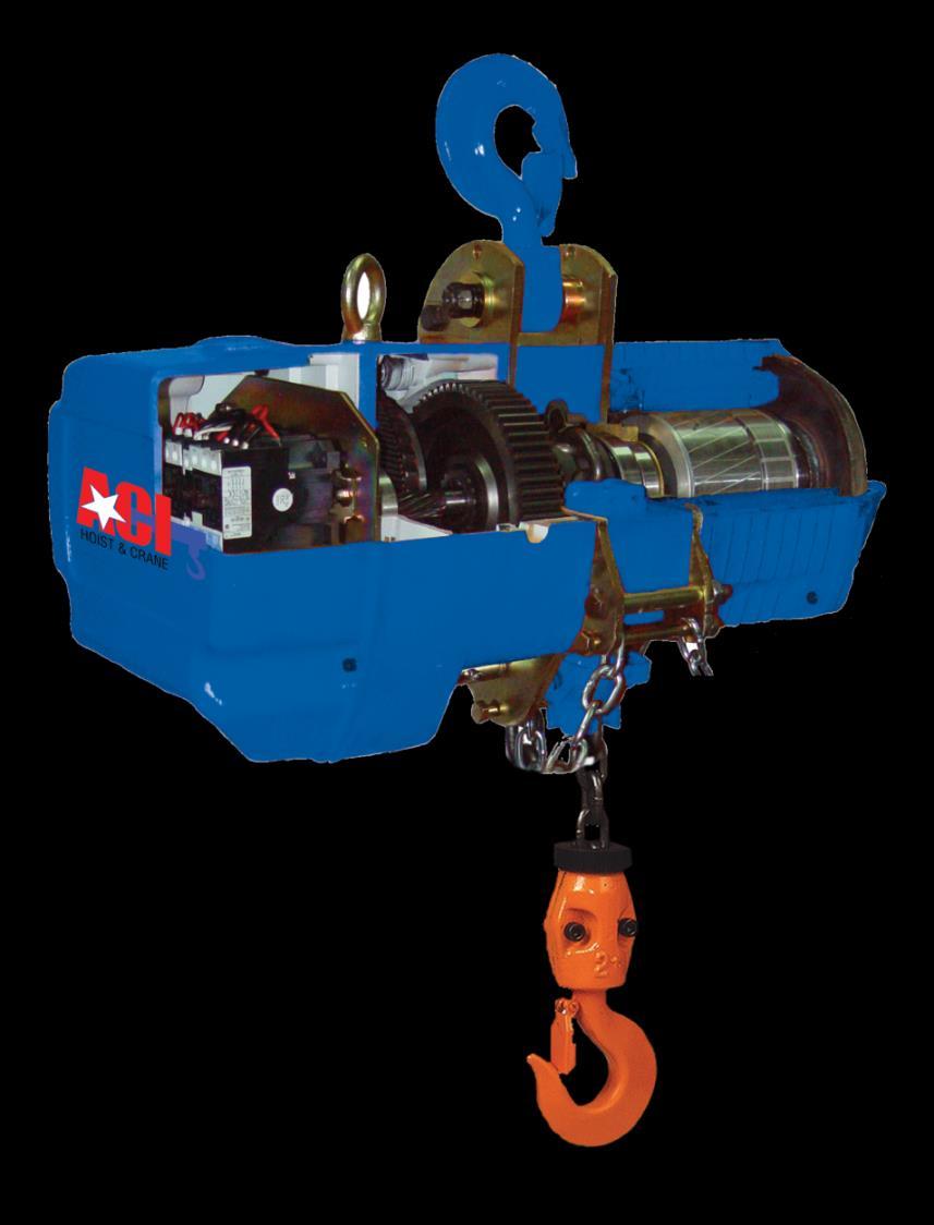 Electric Chain Hoists provide a price to quality ratio that is the best in the industry. Available as hook or trolley mounted. Features noted with an asterisk (*) come standard in ACI Hoists.