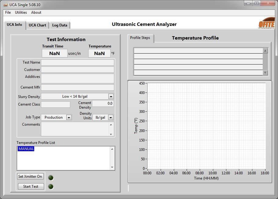 The UCA Info tab shows the current UCA test configuration and a graph of the temperature profile.