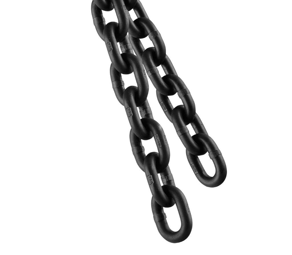 Tensile strength following heat treatment meets or exceeds all existing OSHA, Government, NACM and ASTM specification requirements. G80 Alloy Chain - Full Wire Inside Link Dim. (In.) Width Ft.