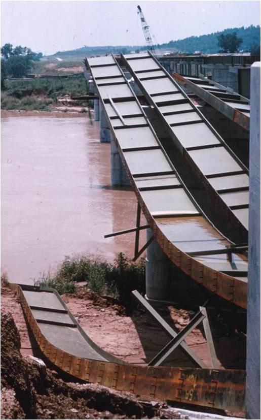 minimum of three support locations is necessary to satisfy equilibrium. Figure 1.2 shows a bridge where the girders were not appropriately supported, causing a failure. Figure 1.2 Girder Instability The girder geometry and static equilibrium must also be addressed during curved girder lifting.