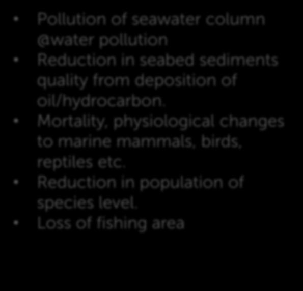 Key Environmental Issues & Impacts: Drilling Oil Spills Changes to Seawater @ Water Quality Changes to Seabed/ Sediments Quality