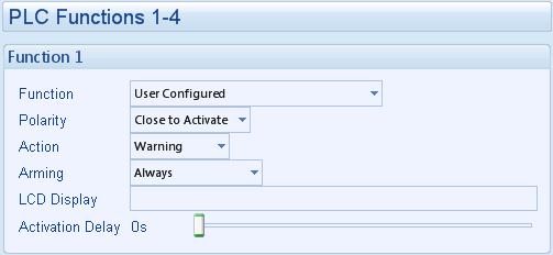 Edit Configuration Advanced User Defined alarms Configures when the input is active: Never, always, active from starting, active from the end of the safety timer Example of a user configured input