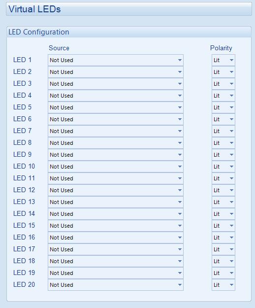 Edit Configuration - Outputs 4.5.2 VIRTUAL LEDS Allows configuration of status items.