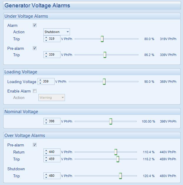 Edit Configuration - Generator Type the value or click the up and down arrows to change the settings 4.7.2 GENERATOR VOLTAGE ALARMS Click to enable or disable the alarms.