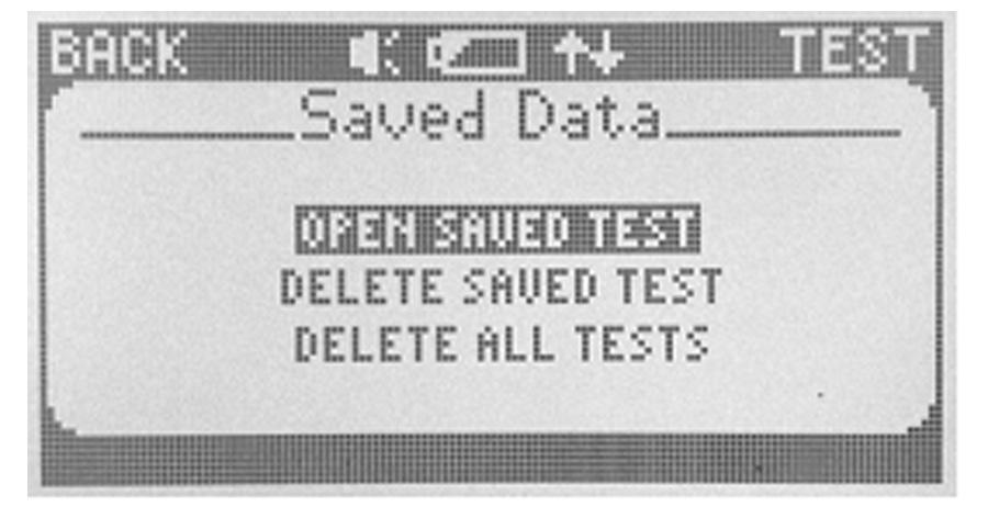 Saved Data Menu Screen Lafayette Manual Muscle Test System The Saved Data menu screen allows users to manage tests that have been saved in the internal memory.