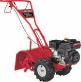 Easy one-hand operation. One forward speed with reverse; gear driven transmission. Rear mounted 10" counter rotating Bolo tines.