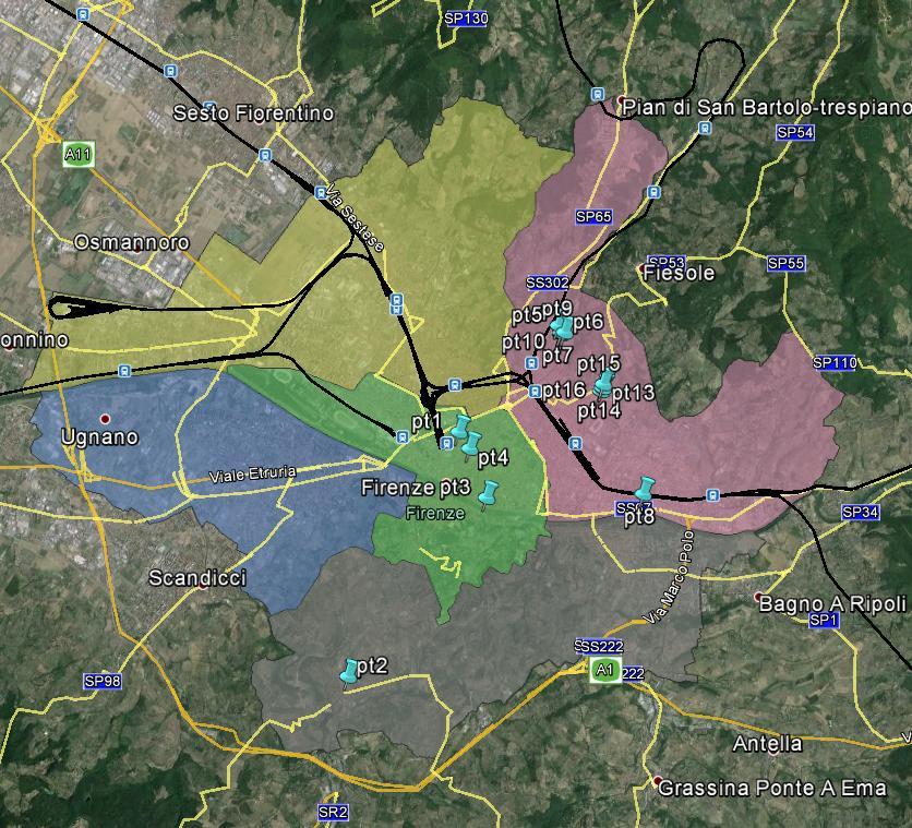 Figure 16 - Map of Firenze city with recharging infrastructure With this analysis, 16 of the stations with the lower priority index identified with the qualitative algorith can be replaced with the