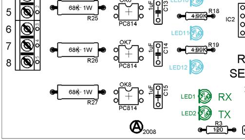 These LEDs indicated when a 120Vac input is detected. Voltage LEDs: Marked in the diagram below in Orange. These LEDs indicated the correct voltage of both the 5Vdc and 24Vdc power sources.