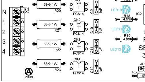 Signal LEDs: Marked in the diagram below in Blue or outputs and light blue for inputs. These LEDs indicate when a 120Vac output is being produced or a 120Vac signal is detected.