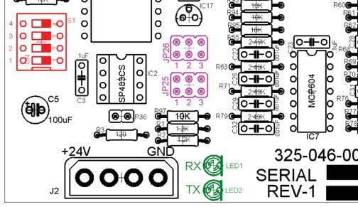 These LEDs indicated the correct voltage of both the 5Vdc and 24Vdc power sources. Communication LEDs: Marked in the diagram below in Green.