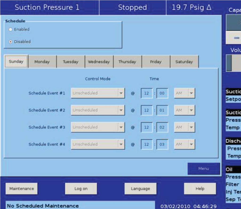 Section 9 Compressor Scheduling Overview This menu allows the operator to schedule control setpoint switching during the day and week.