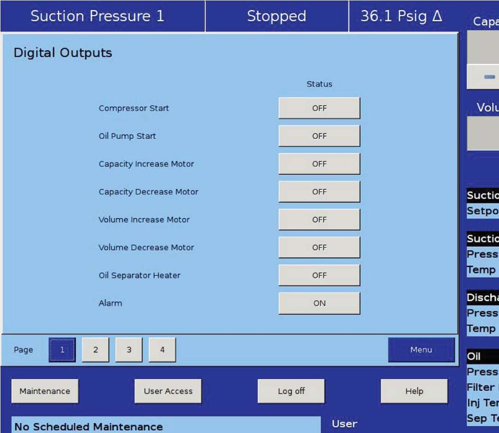 Section 12 Service Options Overview The Service Option screen allows the operator the ability to force individual digital or analog outputs ON.