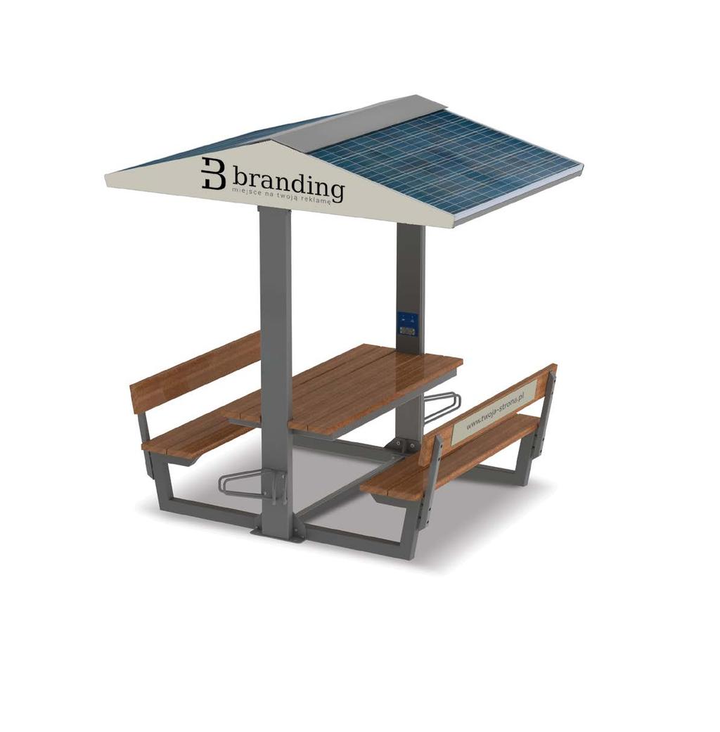 Small architecture with autonomic charging system of portable and tourist supplies during rest. Internet access by WI-FI router. Photovoltaic panels. Modular system is easy to transport and montage.