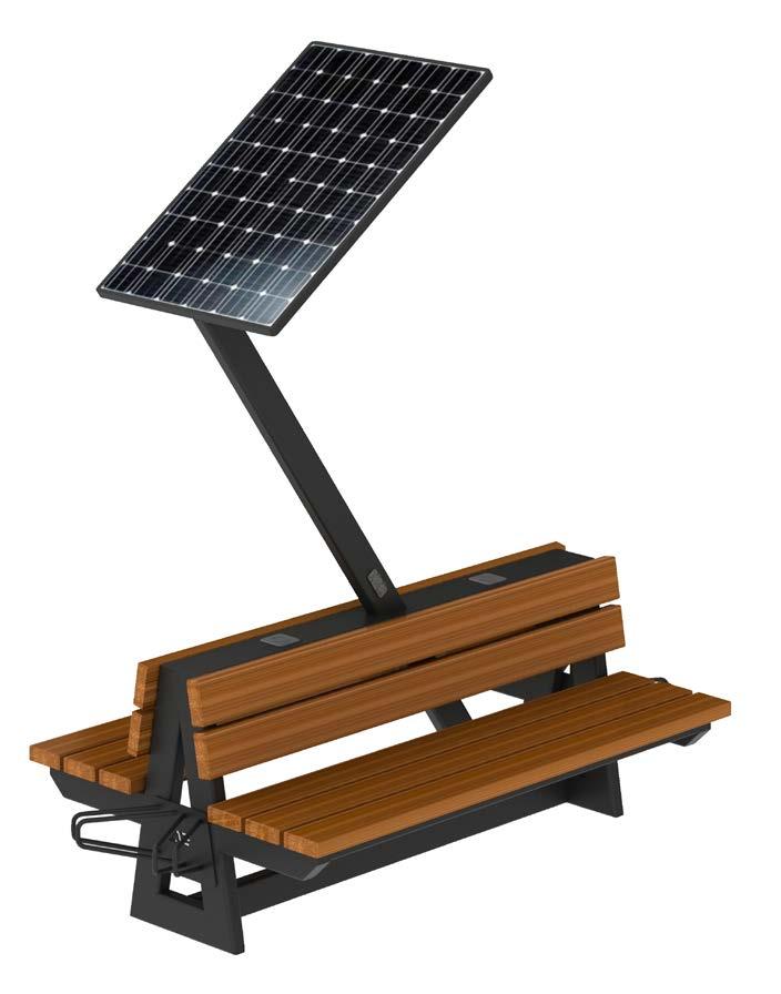 bench AE006 Features: Photovoltaic panel on extension arm. Thanks to this solution, the panel has unrestricted access to sunlight and is less susceptible to damage.