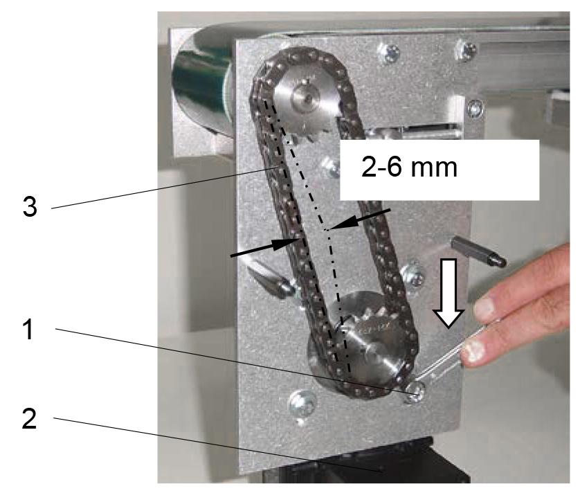 Loosen the mounting screws (1) of the motor (2). Lower the motor, thereby adding tension to the drive chain (3).
