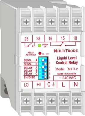 1 Introduction The MultiTrode level control relay is a solid-state electronic module in a hi-impact plastic case with a DIN rail attachment on the back, making a snap-on-snap-off installation.