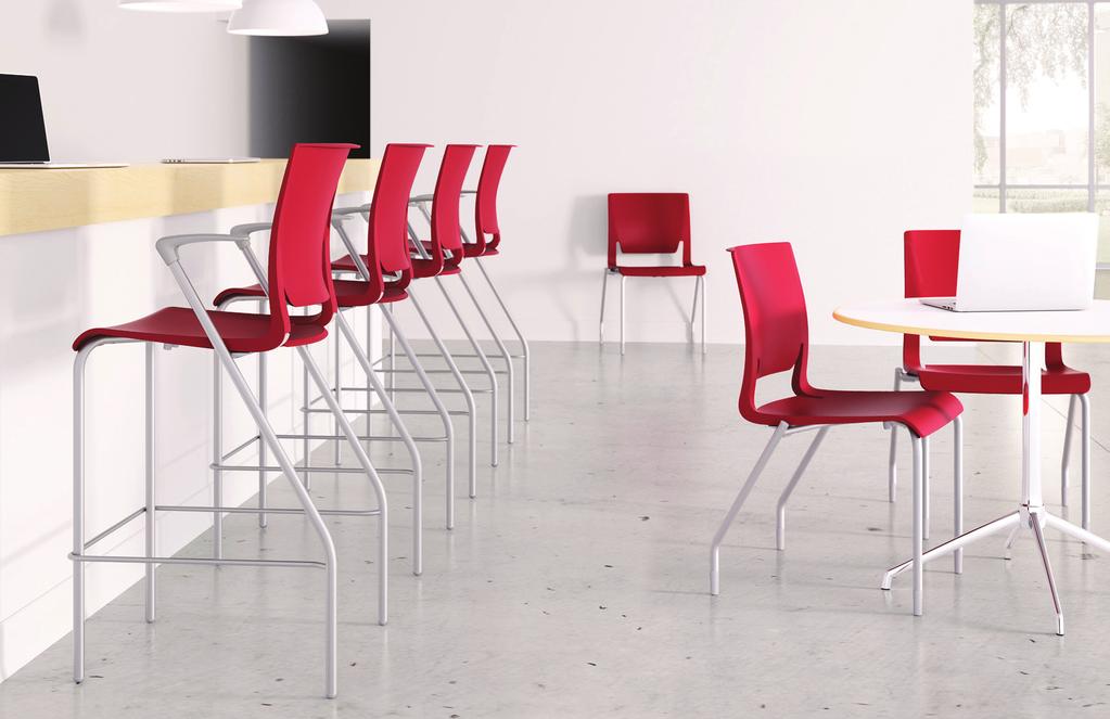 Festive yet Rational Fully upholstered, upholstered seat or plastic four-leg stacking chairs and stools (27 & 30 ) are