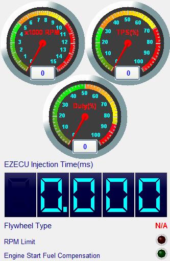 3.4 Real-Time Engine Status As shown in Figure 3-6, real-time engine status includes a RPM gauge, a TPS % gauge, a fuel injector duty % gauge, an EzFi Starter ECU fuel injection time, a flywheel