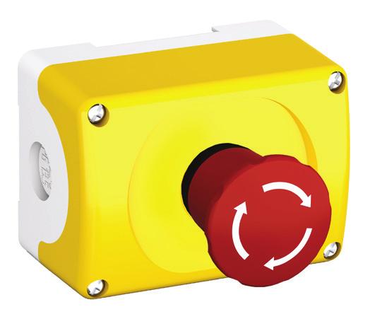 ccording to the standards E-off is red on yellow background, the emergency-off grab wire is red for high visibility.